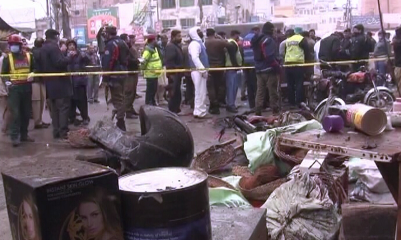 This image shows the scene of the blast in Lahore's Anarkali area. — DawnNewsTV's Anarkali area. — DawnNewsTV