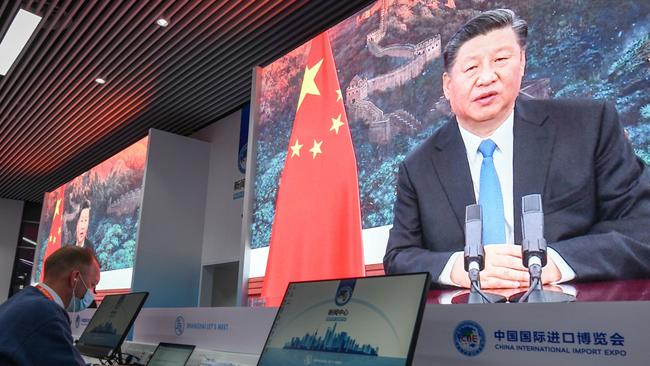 Chinese President Xi Jinping delivering a speech via video for the opening ceremony of the 3rd China International Import Expo in Shanghai in November. Picture: STR / AFP.