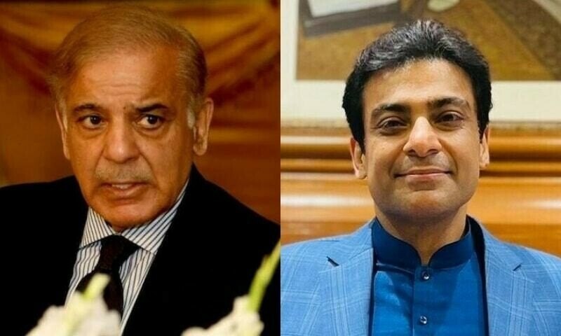<p>Prime Minister Shehbaz Sharif (L) and his son, former Punjab chief minister Hamza Shehbaz. — AFP/File</p>