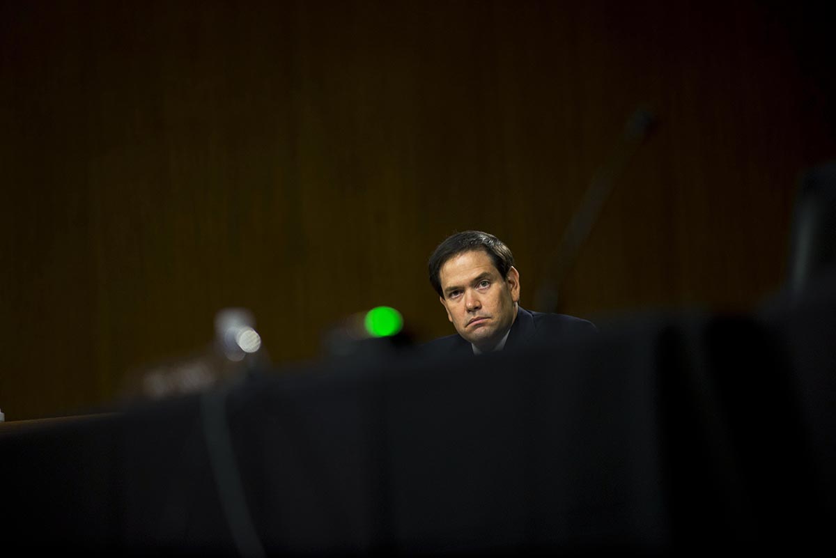 Sen. Marco Rubio listens during a Senate Intelligence Committee nomination hearing.