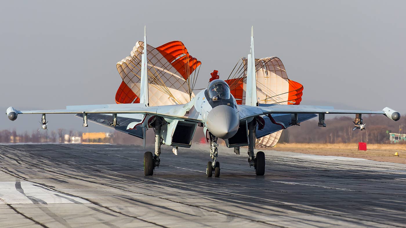 An Su-35 landing at Russia's airbase in Syria. <a href=https://commons.wikimedia.org/w/index.php?title=User:AnShmat&action=edit&redlink=1>Andrei Shmatko</a>/wikicommons (CC BY-SA 4.0)
