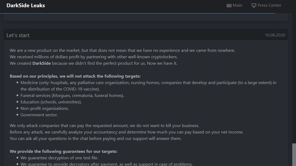 DarkSide's website on the dark web