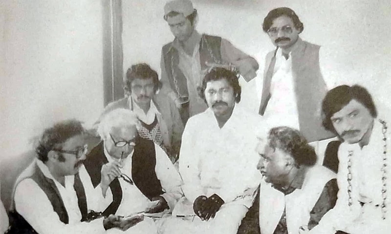 Jam Saqi with Khan Abdul Wali Khan and Sindhi writer Badar Abro. —Photo from Ahmed Saleem and Nuzhat Abbas' biography of Jam Saqi