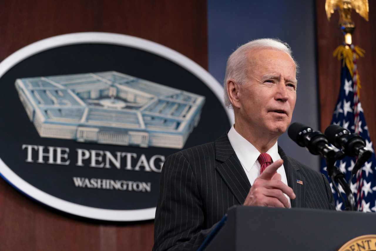 US President Joe Biden speaks at the Pentagon in Washington, DC. (AFP-Yonhap)