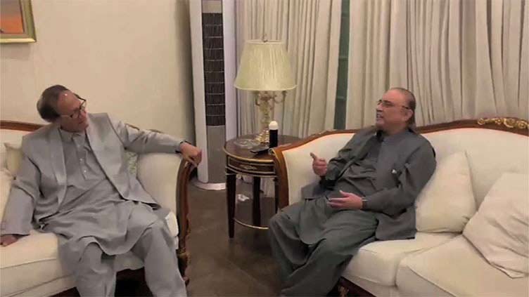 Asif Zardari meets Ch Shujaat, left latter's residence with a victory sign 