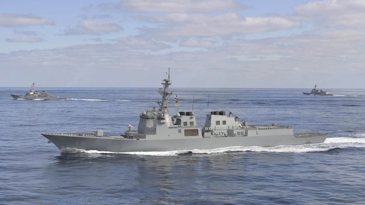 The South Korean Navy's Aegis destroyer King Sejong the Great, front, sails with US and Japanese ships during a joint drill off the east coast of the Korean peninsular on Feb. 22.