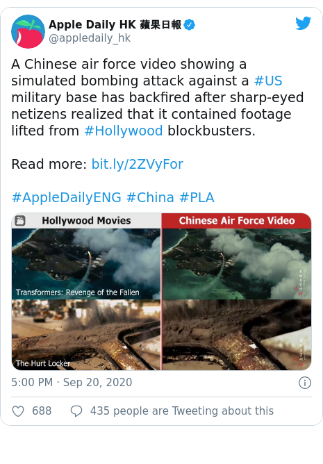 Twitter post by @appledaily_hk: A Chinese air force video showing a simulated bombing attack against a #US military base has backfired after sharp-eyed netizens realized that it contained footage lifted from #Hollywood blockbusters.Read more  #AppleDailyENG #China #PLA 