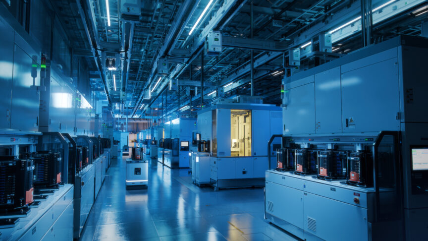 An advanced semiconductor production fab cleanroom, where robots transport items between machines.