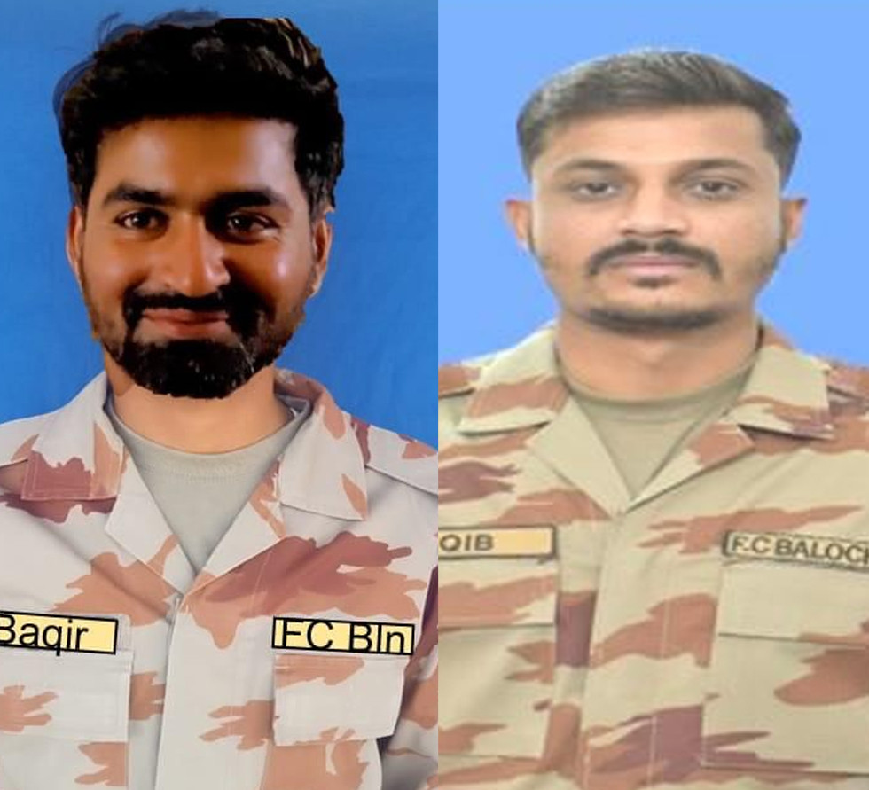 handout photo from ispr shows the two martyred pakistan army servicemen major saqib hussain and naik baqir ali