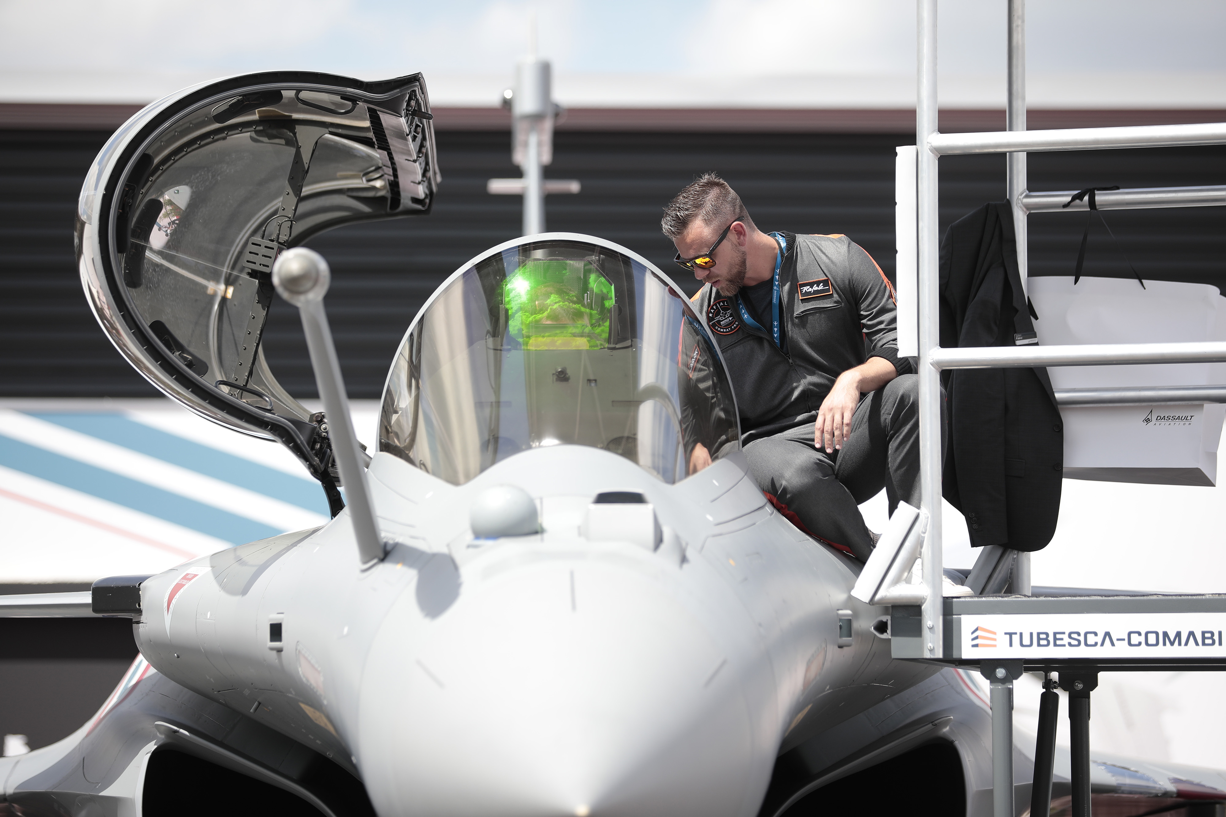 The cockpit of a Rafale fighter jet, manufactured by Dassault Aviation SA.