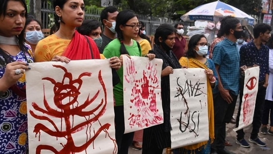 Activists stage a demonstration in Dhaka on October 19, 2021 to protest against the recent deadly religious violence against the Hindu community in Bangladesh. (AFP Photo)