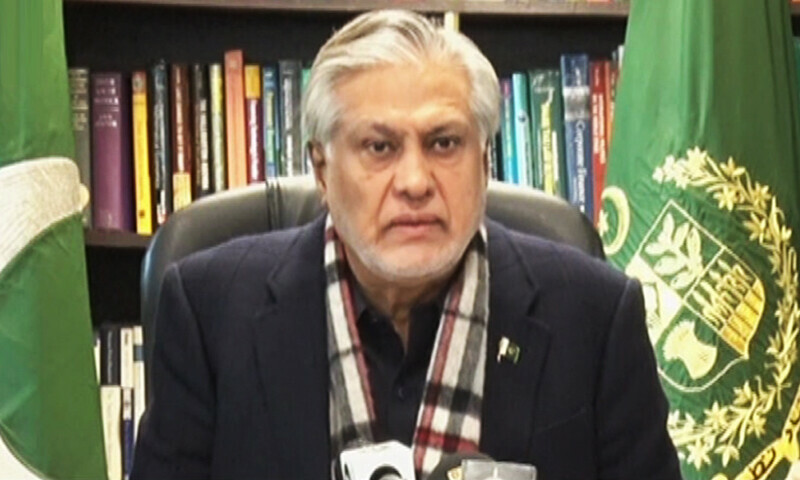 <p>Finance Minister Ishaq Dar addresses a press conference in Islamabad on Monday. — DawnNewsTV</p>