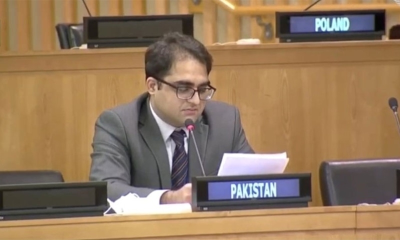 First Secretary at the Pakistan Mission to the UN Jehanzeb Khan exercising right of reply at the Sixth Committee General Debate. — Photo courtesy Radio Pakistan