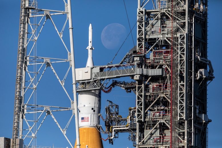 Artemis I at Launch Pad 39B Moon Visible 2