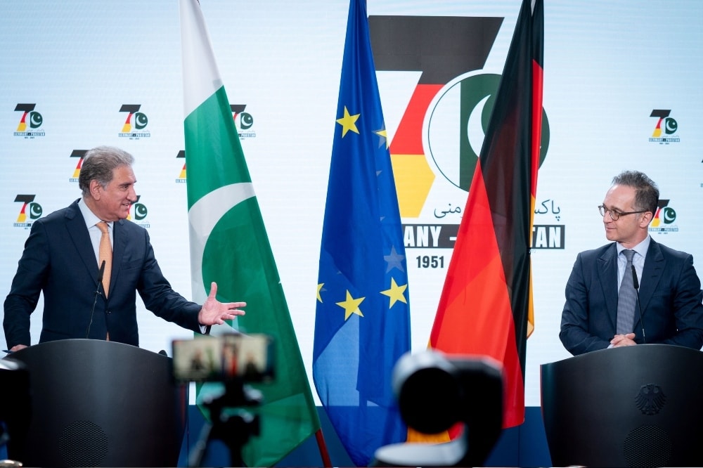 German Foreign Minister Heiko Maas meets Pakistani counterpart Makhdoom Shah Mahmood Qureshi in Berlin on April 12. — Reuters