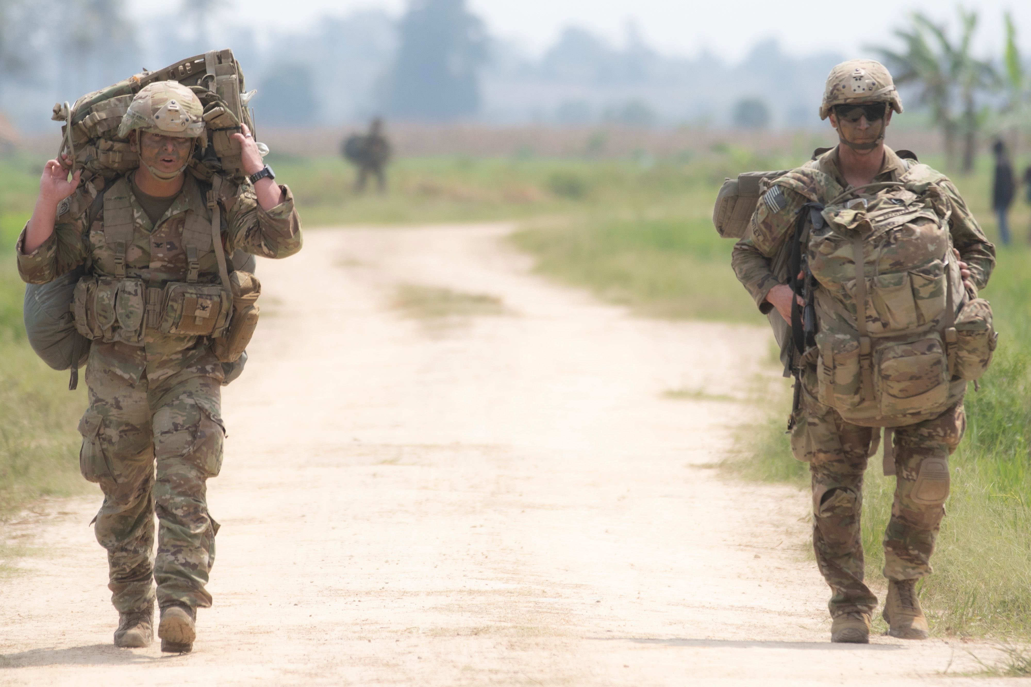 U.S. Army soldiers take part in Garuda Shield Joint Exercise 2021 at the Indonesian Army Combat Training Center in Martapura, South Sumatra province, Indonesia August 4, 2021. Antara Foto/Nova Wahyudi/via Reuters.