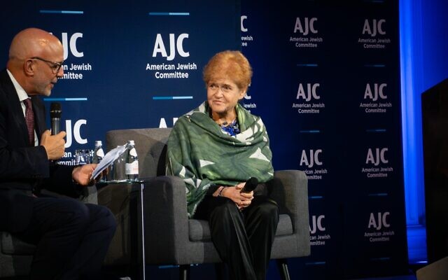 US Special Envoy to Combat Antisemitism Deborah Lipstadt, center, speaks with the head of the American Jewish Congress Ted Deutch at a conference in New York City, September 19, 2023. (Luke Tress/Times of Israel)