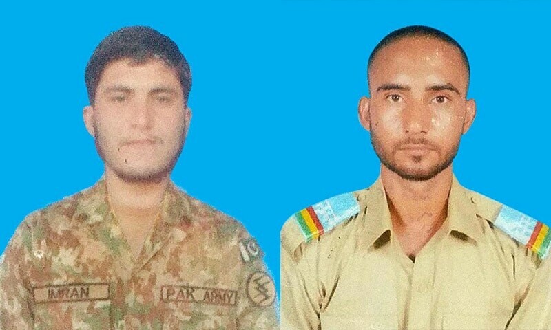 <p>Photos of Sepoy Imran Ullah (L) and Sepoy Afzal Khan (R) who were martyred in North Waziristan on Sunday. — ISPR</p>