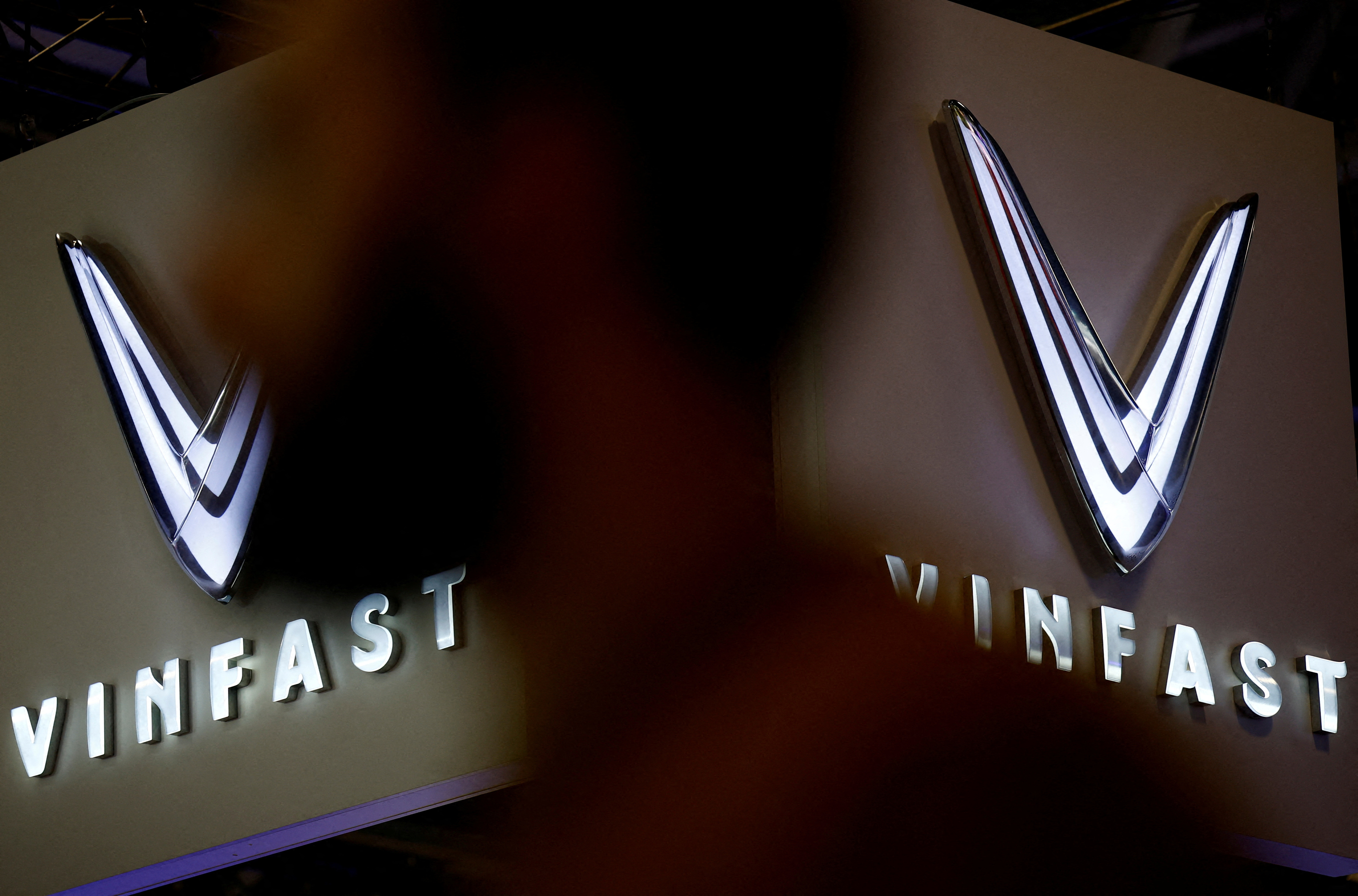 The logo of Vinfast is pictured at the 2022 Paris Auto Show