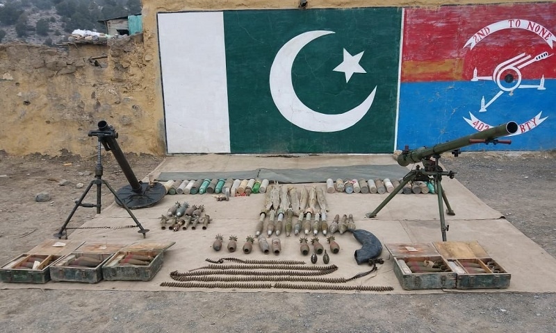 A cache of weapons recovered an intelligence-based operation in the Sarwakai area of South Waziristan. — Photo by ISPR