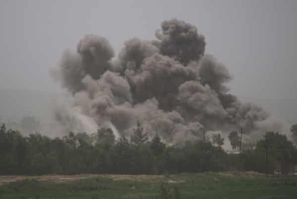 Smoke rising from Taliban positions after an airstrike by Afghan Air Force in outskirts of Shiberghan city, capital of Jawzjan province, Afghanistan, 9 July