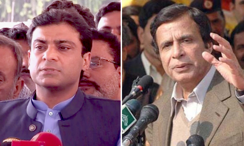 A combination photo of PML-N's Hamza Shehbaz (L) and PML-Q's Chauhdry Parvez Elahi (R). — DawnNewsTV/File