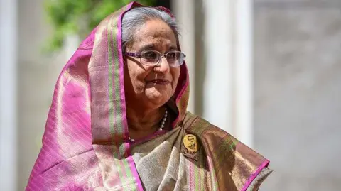 Getty Images Bangladesh Prime Minister Sheikh Hasina seen in a pink sari and golden pin