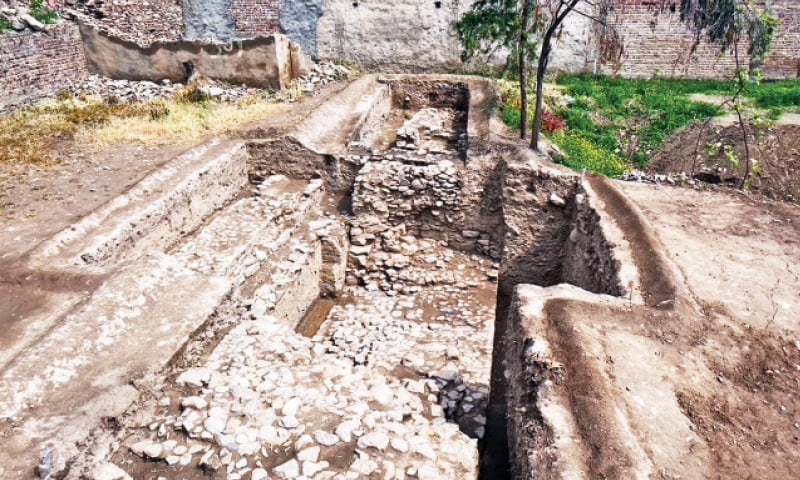 A view of the recently-discovered secondary gate of Bazira city. (Right) A conch shell discovered by archaeologists in recent excavation. — Dawn