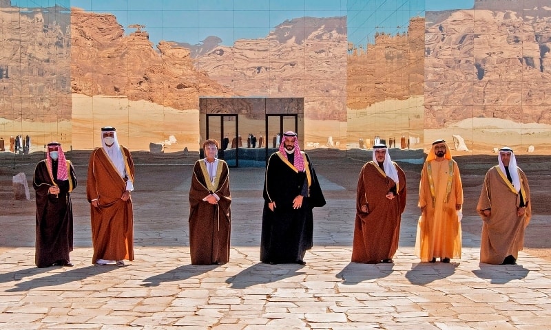 From L to R: Kuwaiti Emir Sheikh Nawaf al-Ahmad Al-Sabah, Emir of Qatar Tamim bin Hamad Al-Thani, Omani Deputy Prime Minister Fahd Bin Mahmud, Saudi Crown Prince Mohammed bin Salman, Bahrain's Crown Prince Salman bin Hamad Al-Khalifa, Dubai's Ruler and UAE Vice President Sheikh Mohammed bin Rashid Al-Maktoum and Nayef al-Hajraf, secretary-general of the Gulf Cooperation Council (GCC), pose for pictures before the opening session of the 41st GCC summit in the Saudi city of Al-Ula on Tuesday. — AFP/SAUDI ROYAL PALACE