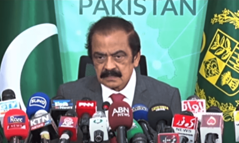 <p>Interior Minister Rana Sanaullah addressing a press conference in Islamabad on Friday. — DawnNewsTV</p>