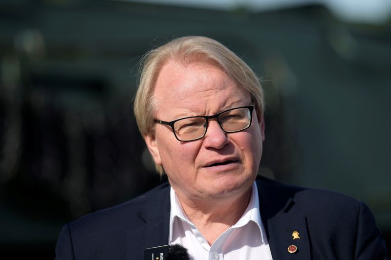 FILE PHOTO Swedish Defence Minister Peter Hultqvist speaks during a news conference at the military base in Adazi Latvia April 13 2022. REUTERSInts KalninsFile Photo