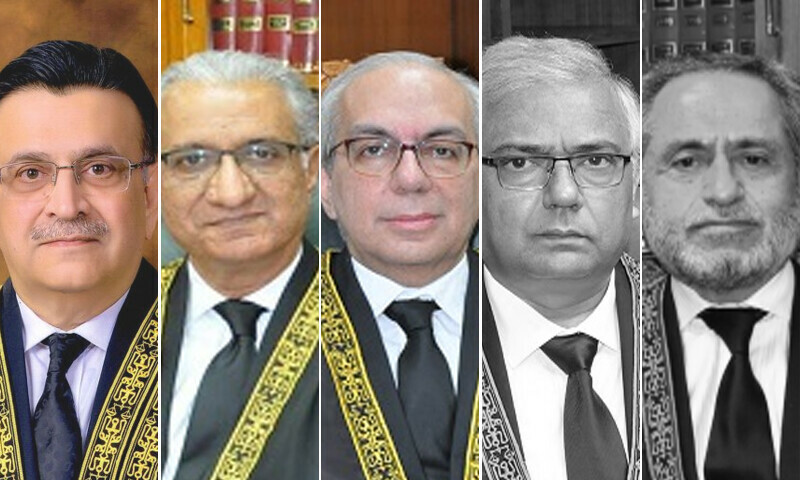 <p>The combination photo shows (L-R) CJP Umar Ata Bandial, Justice Ijazul Ahsan, Justice Munib Akhtar, Justice Aminuddin Khan and Justice Jamal Khan Mandokhail. —SC/website</p>