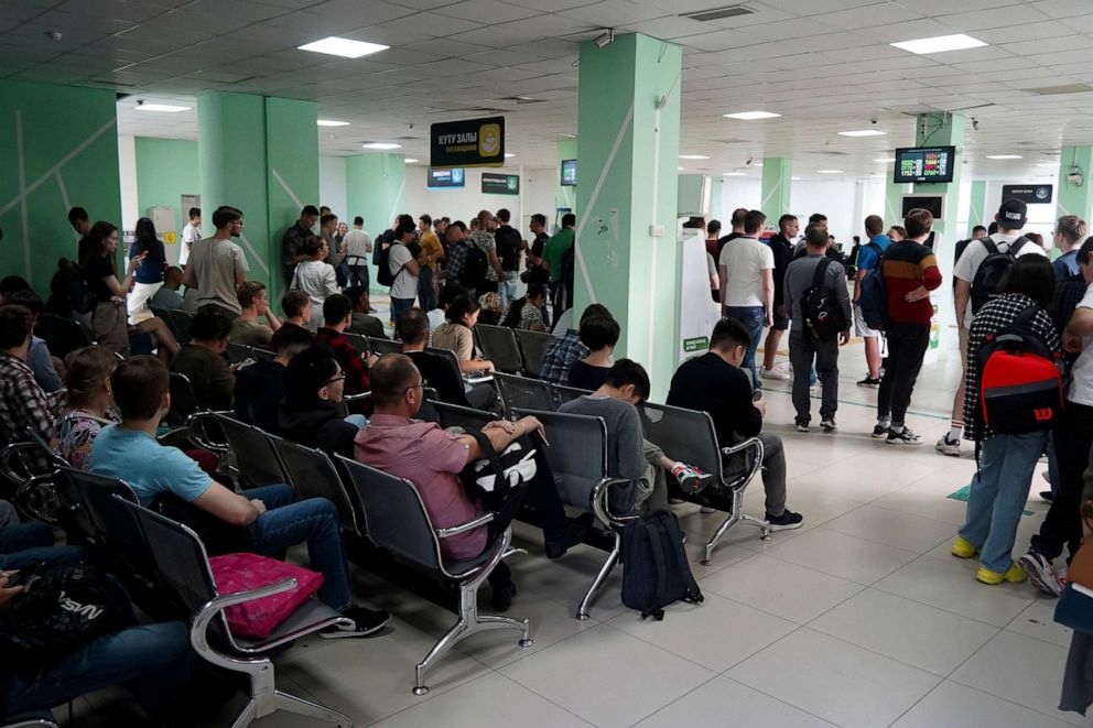 PHOTO: Russians wait and lineup to get Kazakhstan's INN in a public service center in Almaty, Kazakhstan, on Sept. 27, 2022.'s INN in a public service center in Almaty, Kazakhstan, on Sept. 27, 2022.