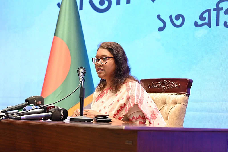 Seheli Sabrin, spokesperson of foreign ministry, addresses a weekly press briefing at the ministry on 13 April 2023
