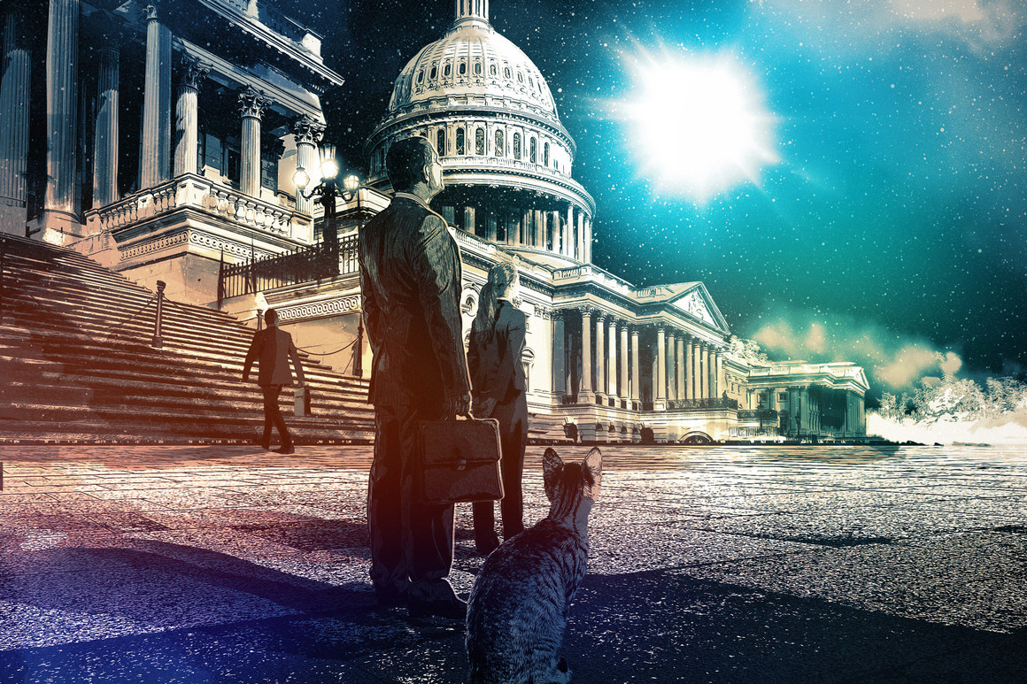 An illustration of Hill staffers leaving the Capitol at night. They look up to see a strange blue glow in the sky, and all stop to notice this.