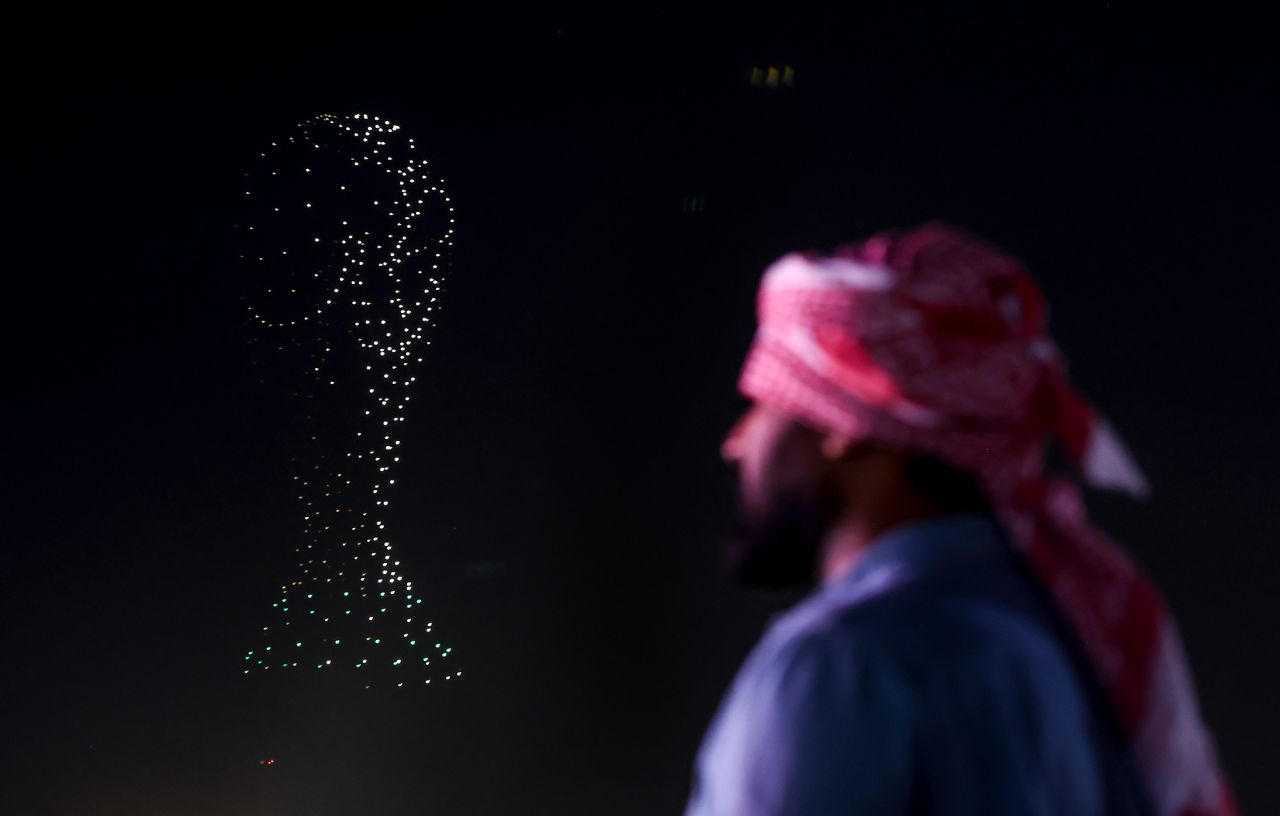 A light show is displayed over the skyline in Doha on Sunday, November 20.