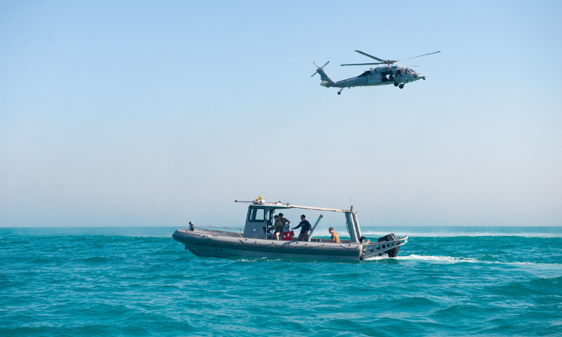 Participating nations conduct helicopter insertion and extraction training in the Arabian Gulf, on Feb 15, during International Maritime Exercise/Cutlass Express 2022. — Photo courtesy US Navy Twitter