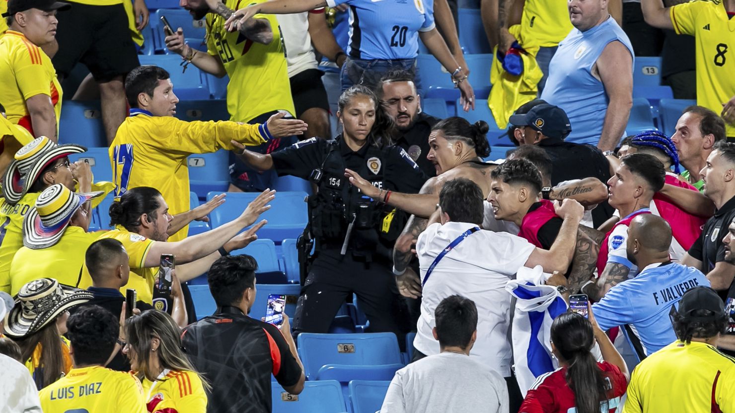 Uruguay forward Darwin Núñez clashes with Colombia fans after the semifinal.