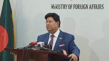 The foreign minister speaking to reporters today (15 October) at the Ministry of Foreign Affairs. Photo: UNB