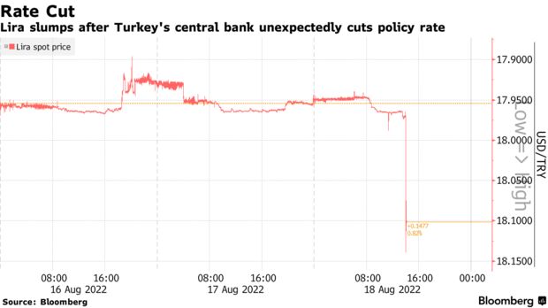 Lira slumps after Turkey's central bank unexpectedly cuts policy rate