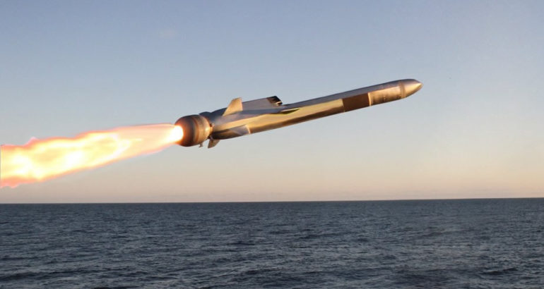 NSM anti-ship missile during its launch phase.