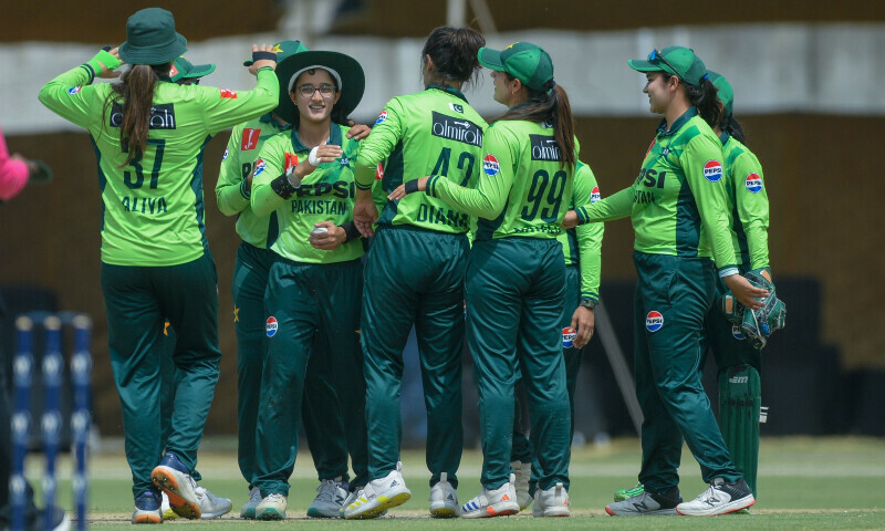 Pakistan celebrate after taking a wicket in their ODI encounter against Bangladesh in the ICC Women’s World Cup 2025 Qualifiers, in Lahore on Saturday. — X/PCB