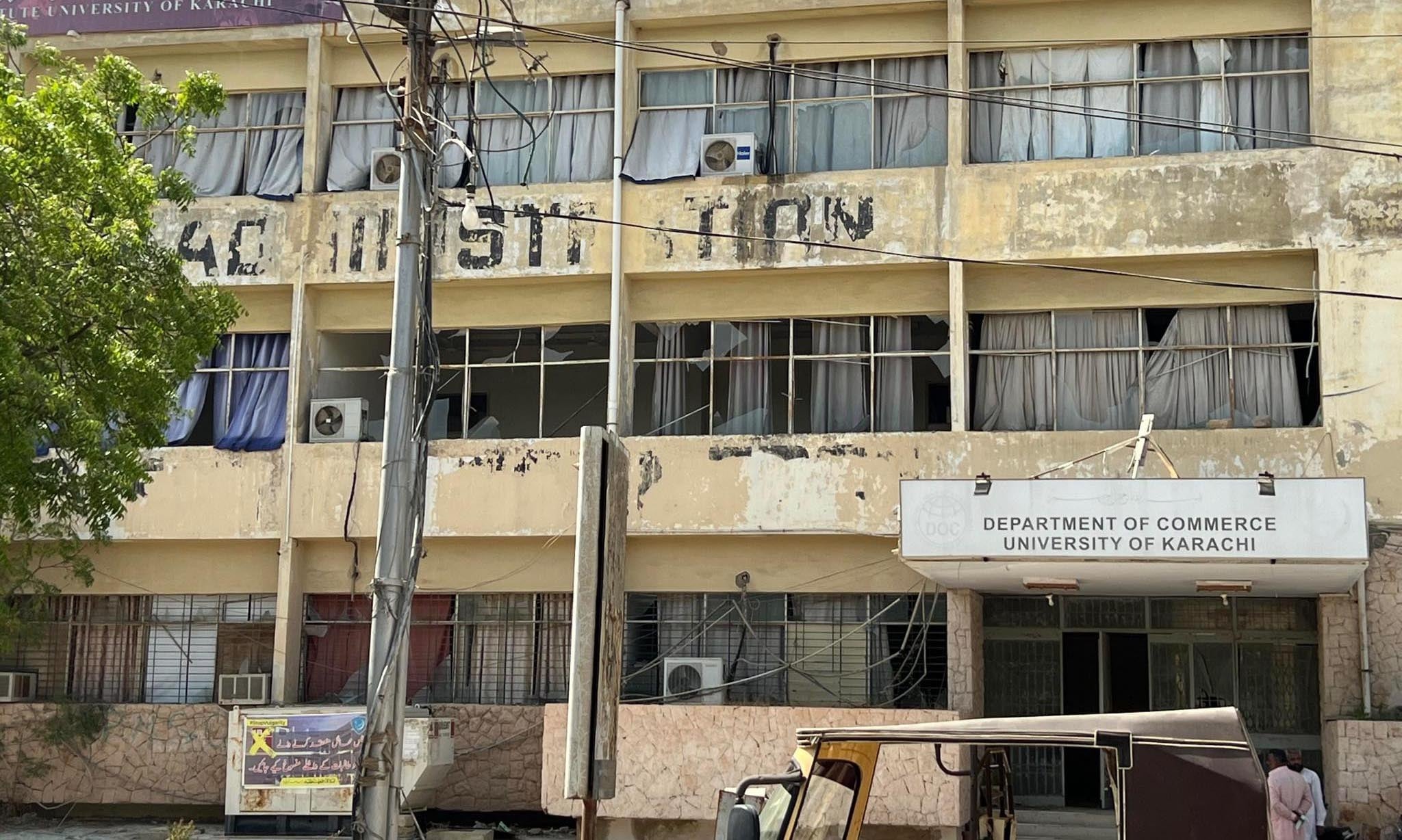 This image shows the shattered windows at the Karachi University's commerce department. — Photo provided by Shahzeb Ahmed