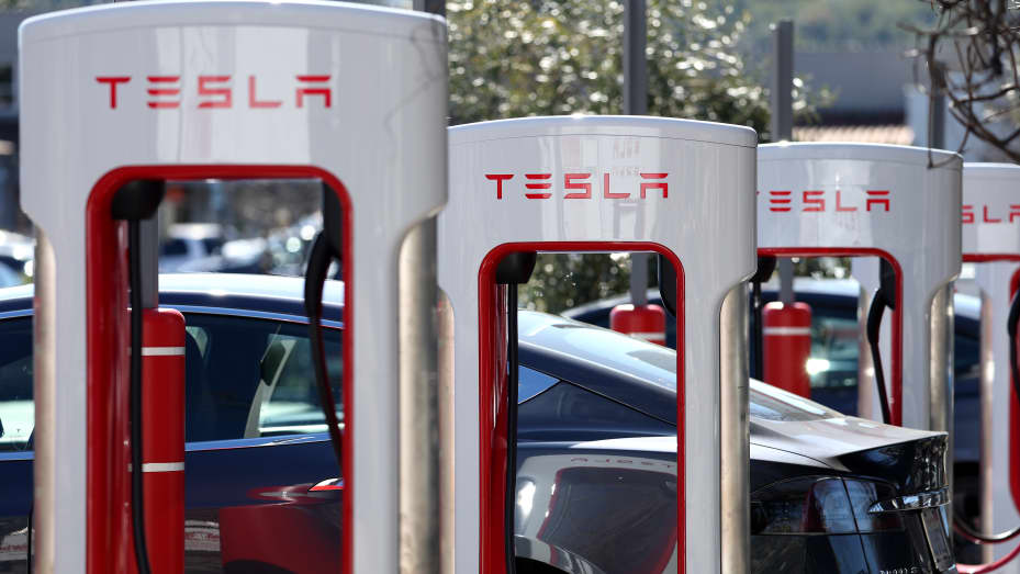 A view of Tesla Superchargers on February 15, 2023 in San Rafael, California.