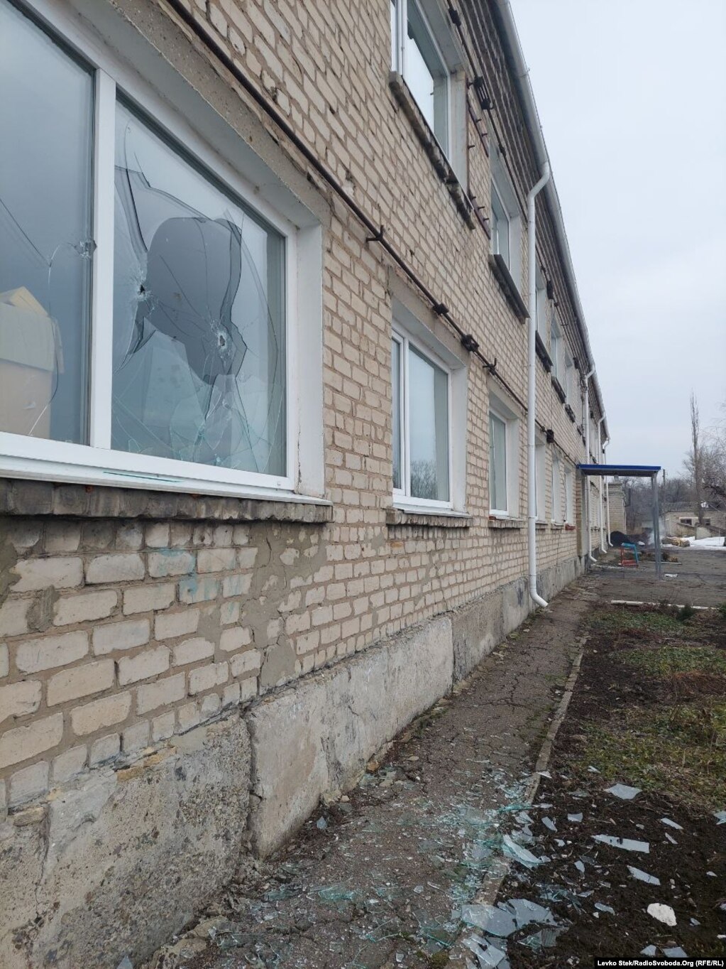 The shell-damaged school building in Vrubivka, Ukraine, on February 17.