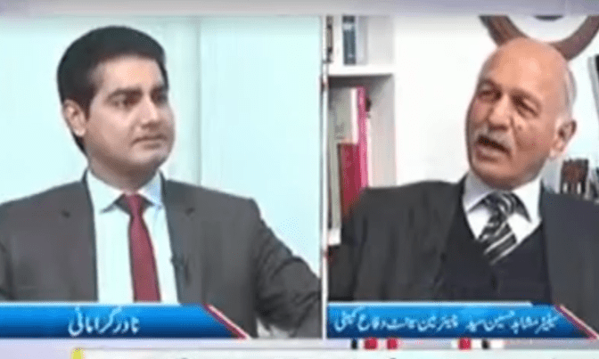 PML-N Senator Mushahid Hussain Syed speaks to journalist Nadir Guramani on Dawn News talk show. — Screengrab