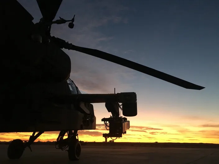 The Spike Non-Line-of-Sight missile is integrated onto a U.S. Apache helicopter before testing at Yuma Proving Ground, Ariz., in August 2019. (Rafael Advanced Defense Systems)