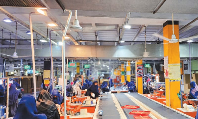 Women make up a sizeable number of the workforce in football manufacturing units around Sialkot and Forward Sports is no exception.—Photo by the writer