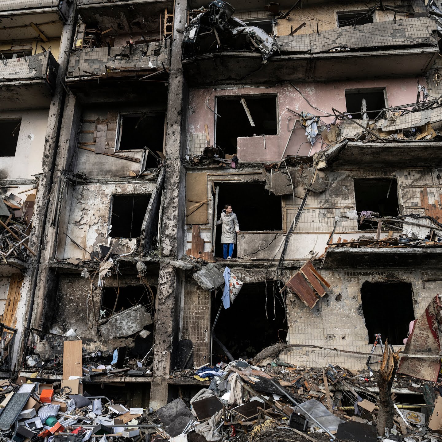 The scene after a residential building was hit by missiles in Kyiv, Ukraine, on Friday.