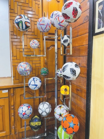 A display of some of the balls supplied by the company to the world’s most prestigious football events, including the World Cup. —Photo by the writer